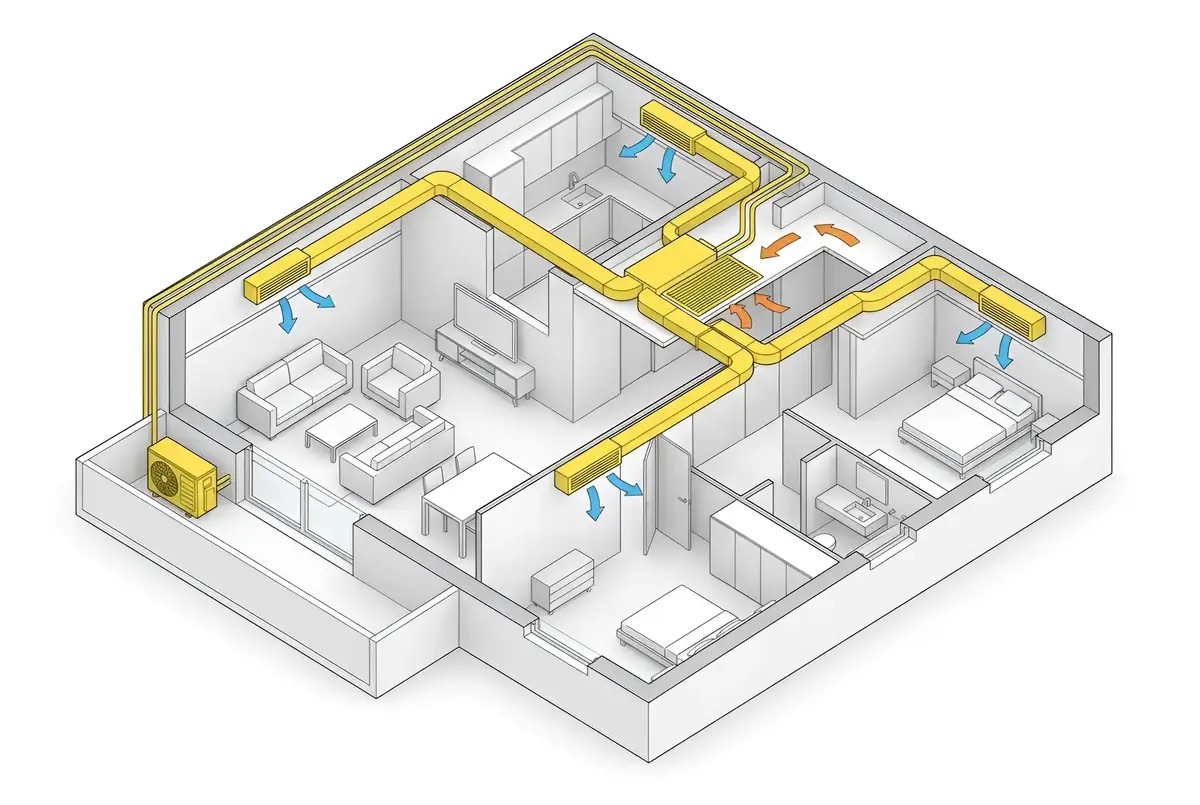 Schema di un impianto di climatizzazione canalizzato: unità nel controsoffitto, canali e griglie nelle stanze, unità esterna sul balcone